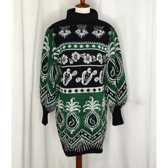 Farm Rio Sweater Dress S Mystic Scarf Green Puff Sleeves