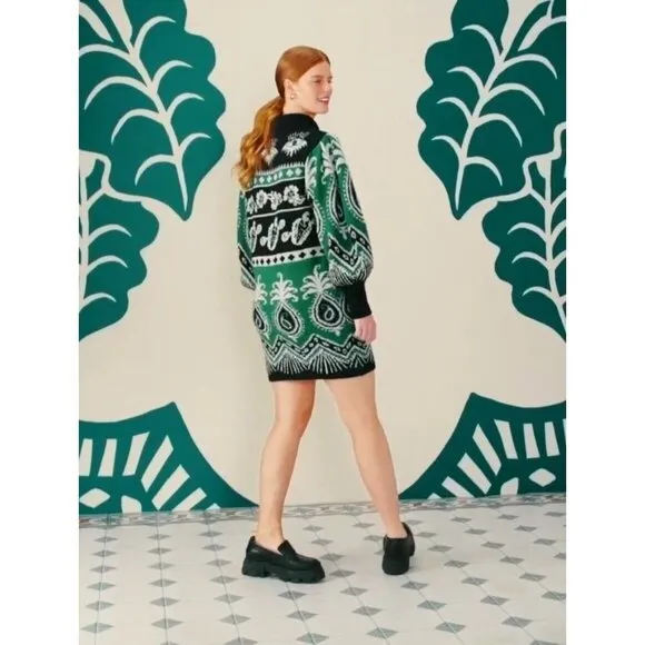 Farm Rio Sweater Dress S Mystic Scarf Green Puff Sleeves