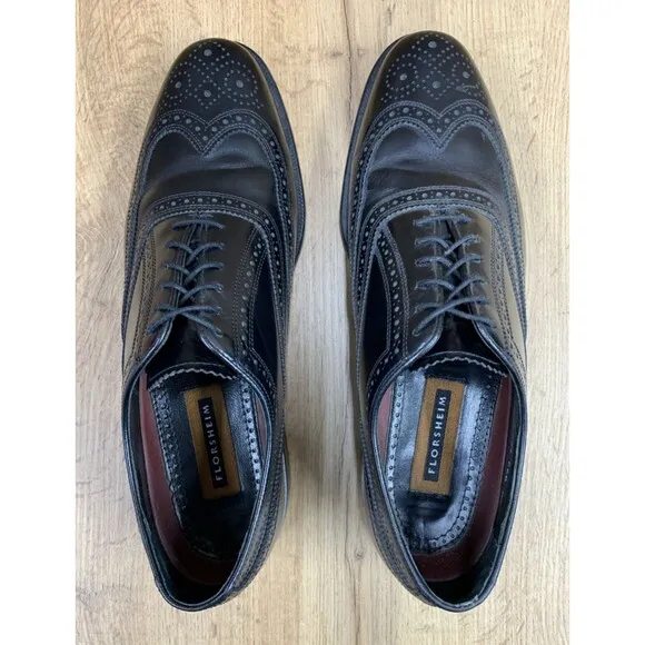 FLORSHEIM Men's Shoes Full Brogue Wingtip Oxfords Black Leather Size 10D