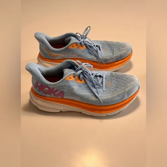 Hoka One One Clifton 9 Womens Size 10B Blue Orange Running Walking Casual Shoes