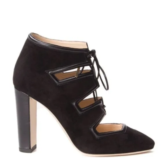 JIMMY CHOO 7.5 Suede Latch lace up Pump Leather Block Heel Mary Janes Black 37.5