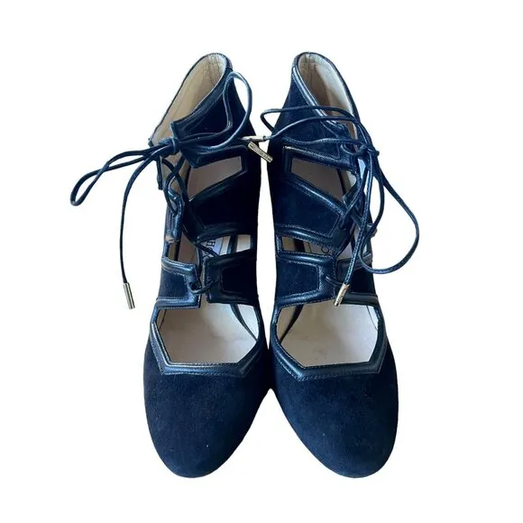 JIMMY CHOO 7.5 Suede Latch lace up Pump Leather Block Heel Mary Janes Black 37.5