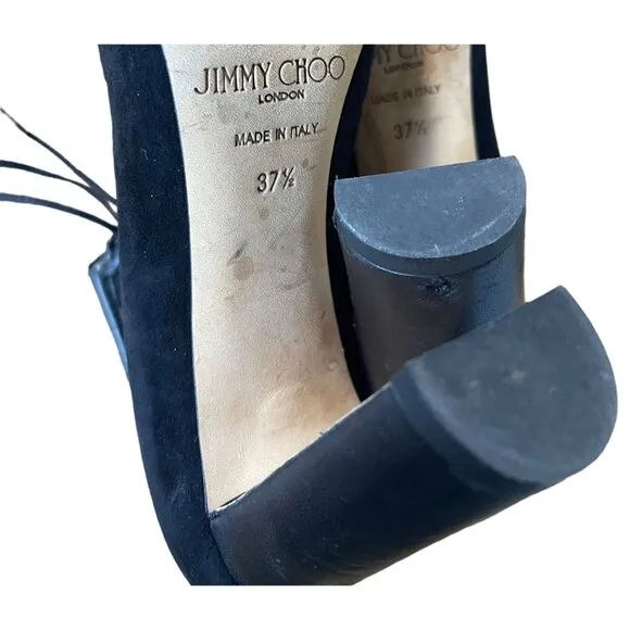 JIMMY CHOO 7.5 Suede Latch lace up Pump Leather Block Heel Mary Janes Black 37.5