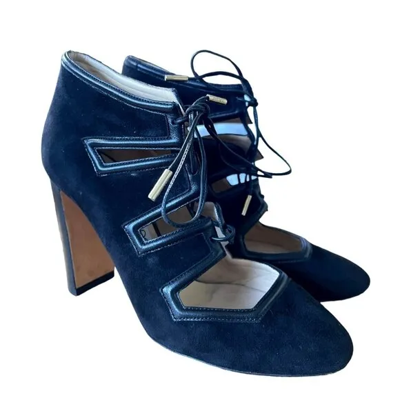 JIMMY CHOO 7.5 Suede Latch lace up Pump Leather Block Heel Mary Janes Black 37.5