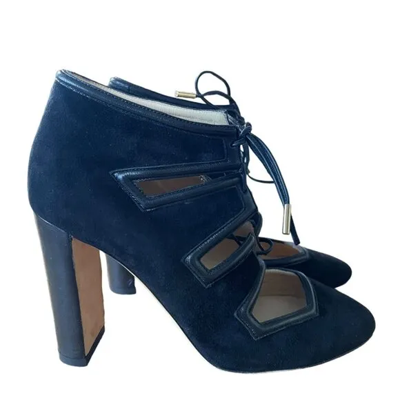 JIMMY CHOO 7.5 Suede Latch lace up Pump Leather Block Heel Mary Janes Black 37.5
