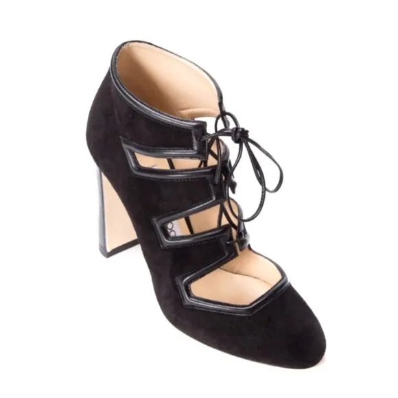 JIMMY CHOO 7.5 Suede Latch lace up Pump Leather Block Heel Mary Janes Black 37.5