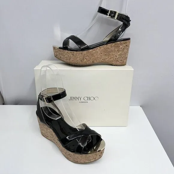 Jimmy Choo Panther Wedge Shoes Navy Patent Leather $395.00 Comes‎ In Box Size 36