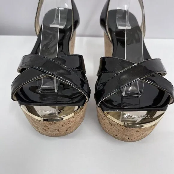Jimmy Choo Panther Wedge Shoes Navy Patent Leather $395.00 Comes‎ In Box Size 36