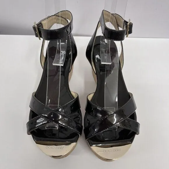 Jimmy Choo Panther Wedge Shoes Navy Patent Leather $395.00 Comes‎ In Box Size 36