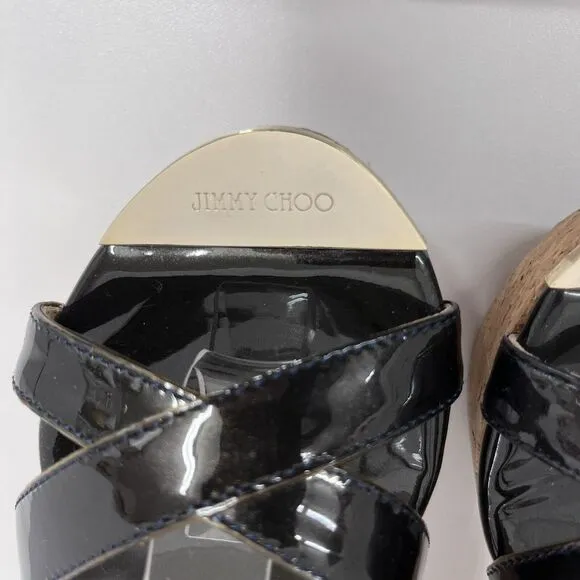 Jimmy Choo Panther Wedge Shoes Navy Patent Leather $395.00 Comes‎ In Box Size 36