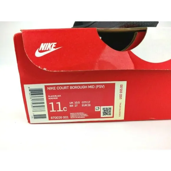 Kids NIKE Court Borough Mid Shoes, Black - 11 C