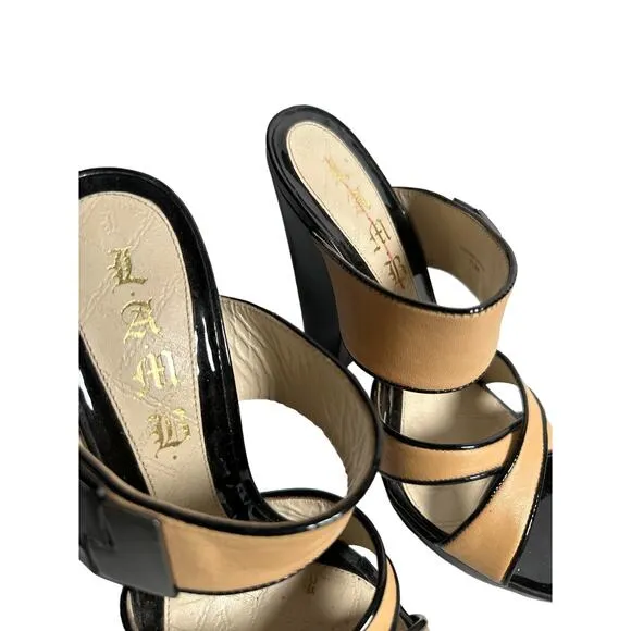 L.A.M.B. Heels Gwen Stefani Camel Tan Black Patent Leather Strappy Shoes 7.5