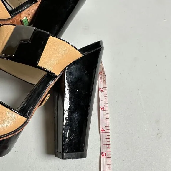 L.A.M.B. Heels Gwen Stefani Camel Tan Black Patent Leather Strappy Shoes 7.5