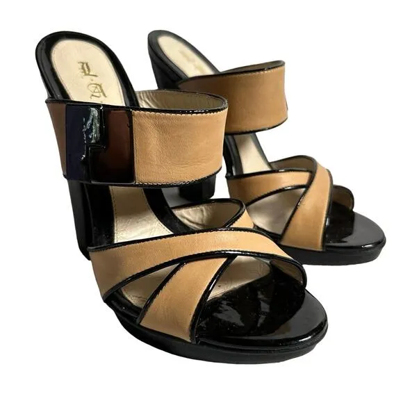 L.A.M.B. Heels Gwen Stefani Camel Tan Black Patent Leather Strappy Shoes 7.5