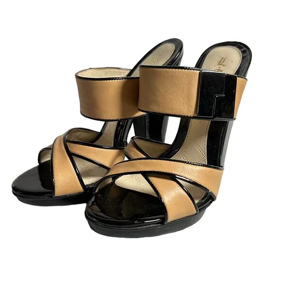L.A.M.B. Heels Gwen Stefani Camel Tan Black Patent Leather Strappy Shoes 7.5