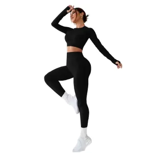 LIGHT DOT Women's Workout Outfits 2 Pieces Yoga Suits Long Sleeve Crop Top High Waist Sport Leggings Active Gym Set (Black)