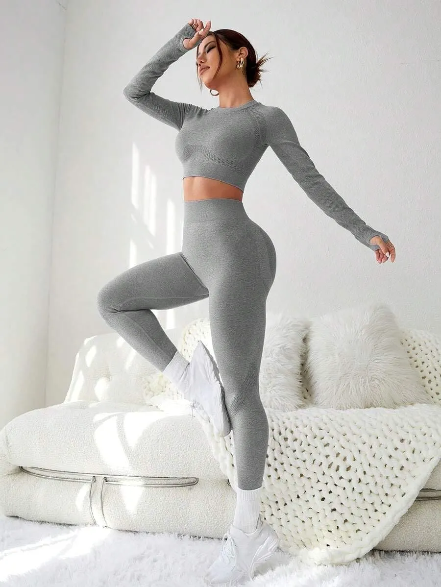 LIGHT DOT Women's Workout Outfits 2 Pieces Yoga Suits Long Sleeve Crop Top High Waist Sport Leggings Active Gym Set (Grey)