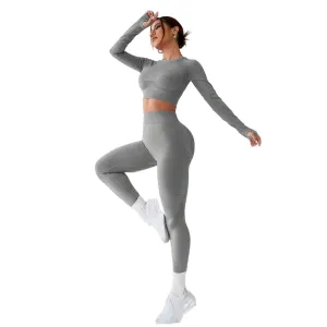 LIGHT DOT Women's Workout Outfits 2 Pieces Yoga Suits Long Sleeve Crop Top High Waist Sport Leggings Active Gym Set (Grey)