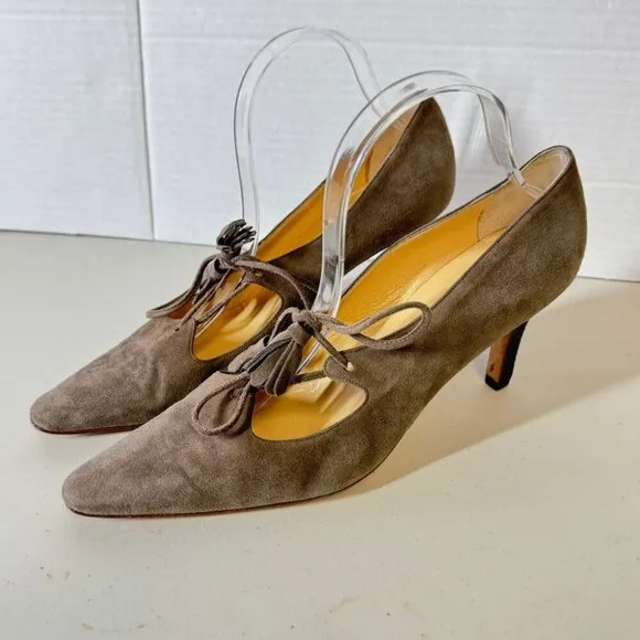 Manolo Blahnik Women's Brown Taupe Suede Tassel Lace Heeled Shoes Size 40