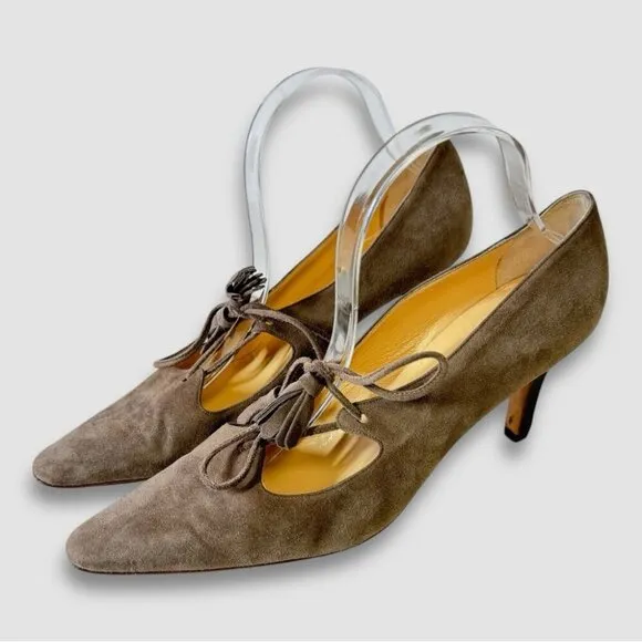 Manolo Blahnik Women's Brown Taupe Suede Tassel Lace Heeled Shoes Size 40