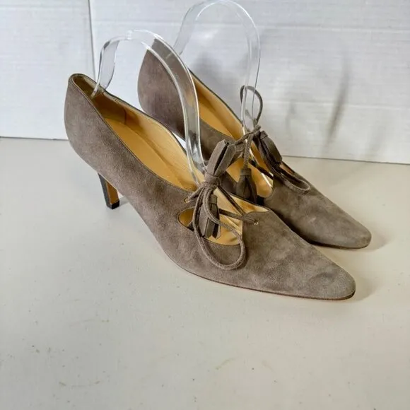 Manolo Blahnik Women's Brown Taupe Suede Tassel Lace Heeled Shoes Size 40