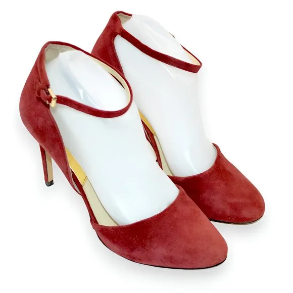 Michael Kors Saffron Red Leather Ankle Strap Holiday D'Orsay Court Heels Pumps 9