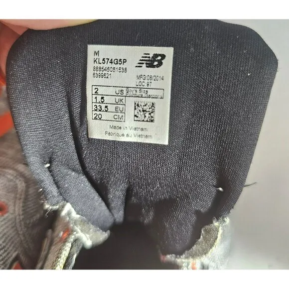 New Balance 574 Toddler Sneakers Black/Grey/Orange Size 2 With Flaw