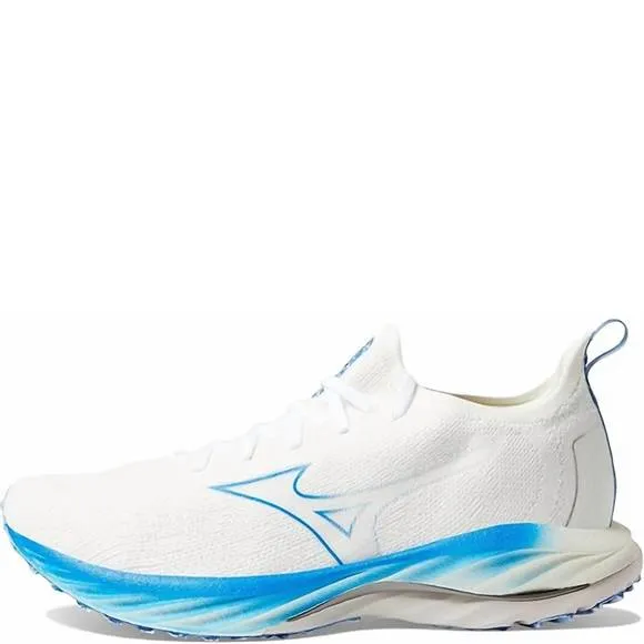 NEW MIZUNO men's wave neo wind running shoe in undyed white-peace blue