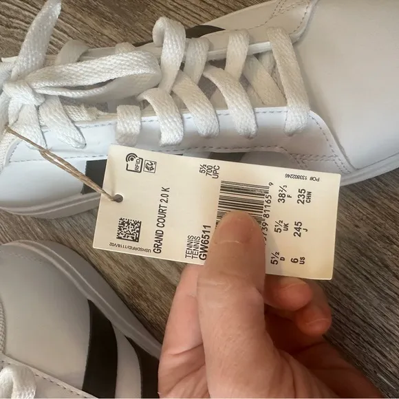 NEW with tags,Adidas Grand Court Shoes, Kids size 5.5, equals a women’s 7-7.5
