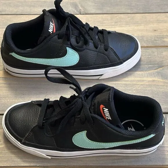 Nike Court Legacy Black Aqua Blue Athletic Shoes Sneakers Size 5.5‎ Excellent