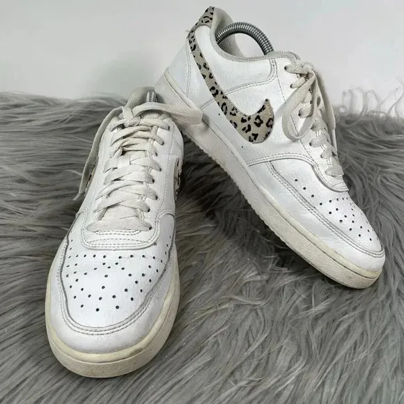 Nike Court Vision Low Leopard Swoosh Womens Size 8 White Sneakers