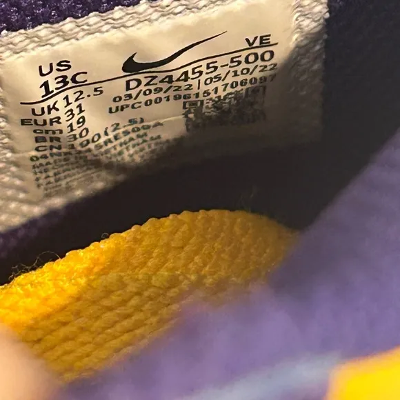 Nike Dunk High GS Lakers Court Kids Shoes 13C Purple Gold Sneakers DZ4455-500