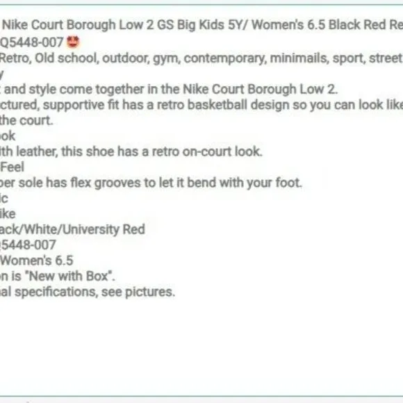 🤩Nike Sz 5Y Big Kids Shoes Court Borough Low2 GS Black Red Retro BQ5448-007 New