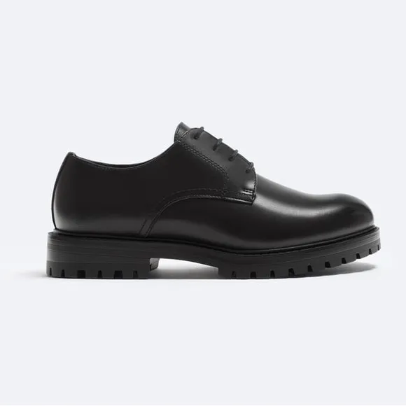 NWT. Zara Black Track Sole Lace-Up Derby Shoes. Size 8.