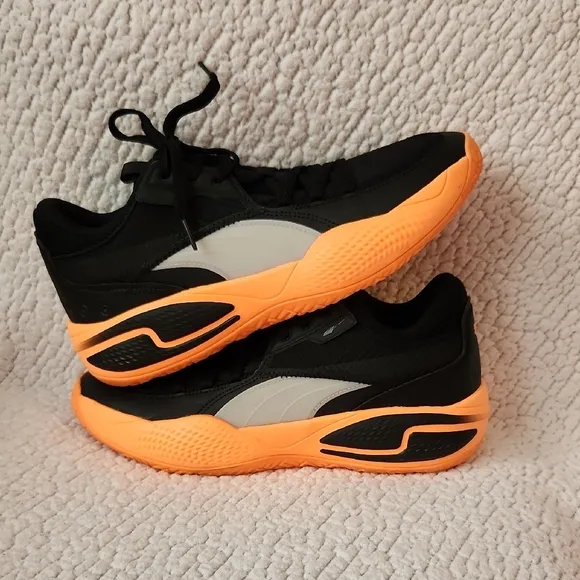 Puma Court Rider Basketball Black and Neon Citrus Orange Athletic Running Shoes