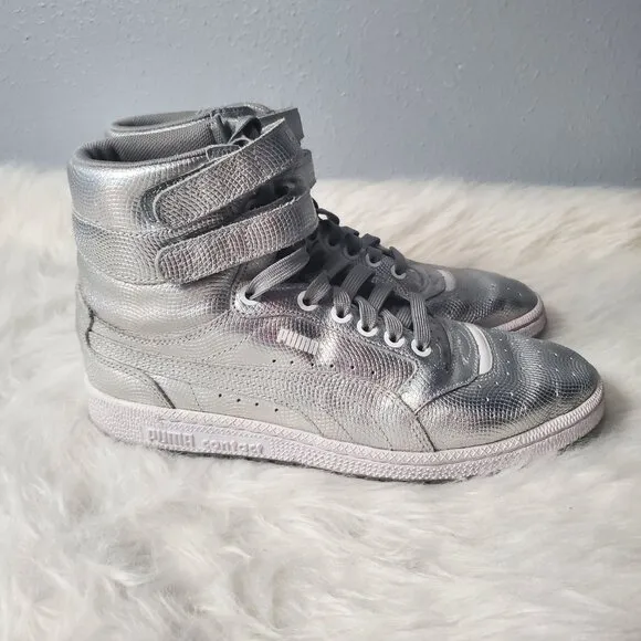 PUMA Sky II High Holographic Jr Youth Shoes Silver Leather Sneakers, M7