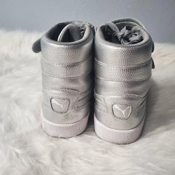 PUMA Sky II High Holographic Jr Youth Shoes Silver Leather Sneakers, M7