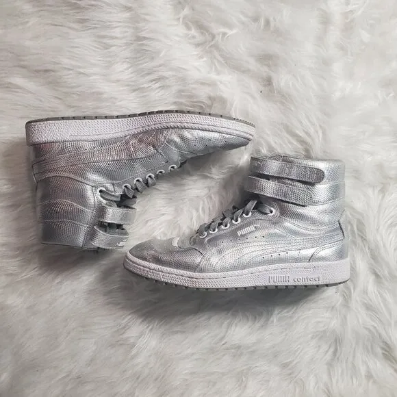 PUMA Sky II High Holographic Jr Youth Shoes Silver Leather Sneakers, M7