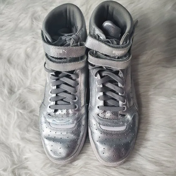 PUMA Sky II High Holographic Jr Youth Shoes Silver Leather Sneakers, M7