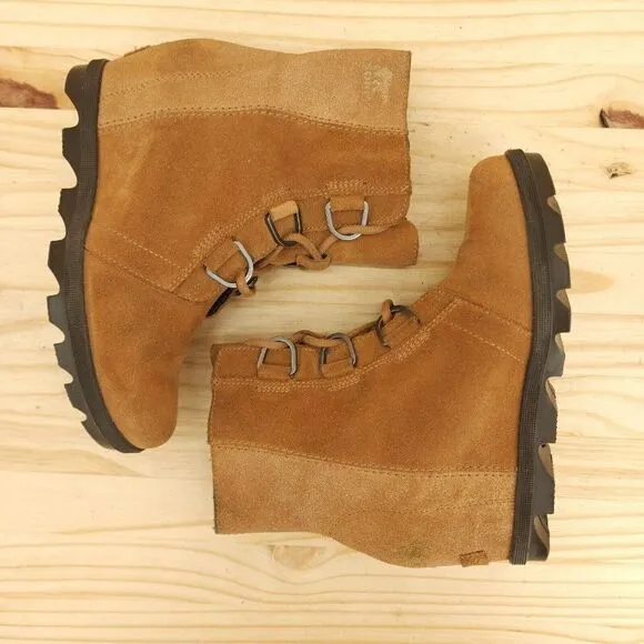 Sorel Joan Of Arctic Women's Boots Sz 5 Brown Suede Lace Up Hidden Wedge Outdoor