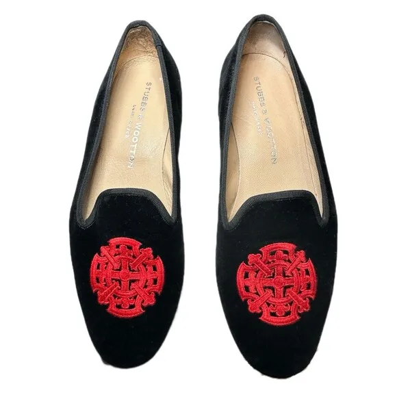 Stubbs &amp; Wootton Women's Flat 7.5 Black Velvet With Red Cross Embroidery
