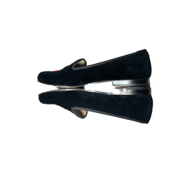 Stubbs &amp; Wootton Women's Flat 7.5 Black Velvet With Red Cross Embroidery
