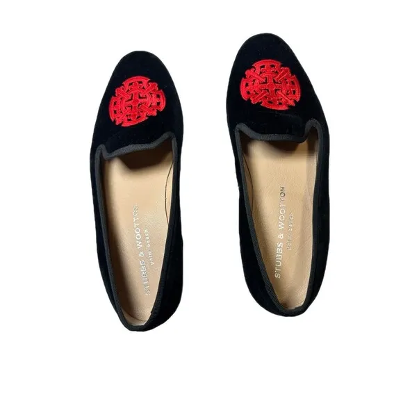 Stubbs &amp; Wootton Women's Flat 7.5 Black Velvet With Red Cross Embroidery