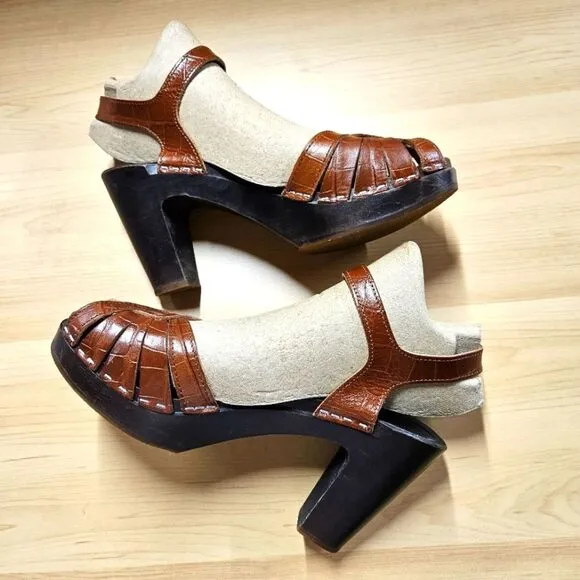 Swedish Hasbeens Brown Leather Cross Strap Sky High Rubber Sole Heels Shoes