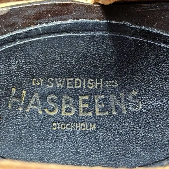 Swedish Hasbeens Brown Leather Cross Strap Sky High Rubber Sole Heels Shoes