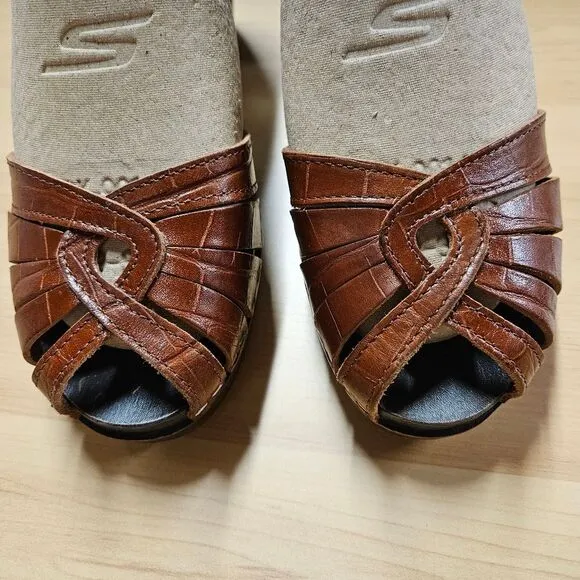Swedish Hasbeens Brown Leather Cross Strap Sky High Rubber Sole Heels Shoes