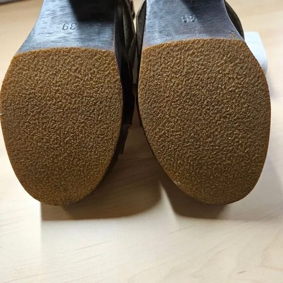 Swedish Hasbeens Brown Leather Cross Strap Sky High Rubber Sole Heels Shoes