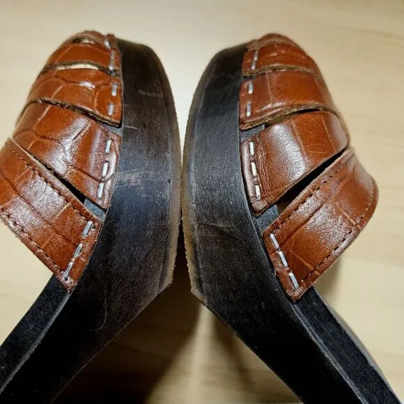 Swedish Hasbeens Brown Leather Cross Strap Sky High Rubber Sole Heels Shoes