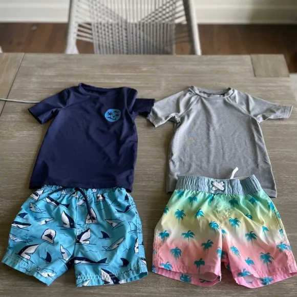 Toddler boy swim (2T), suits, shorts, rash guards, hats, 14 coordinating pieces