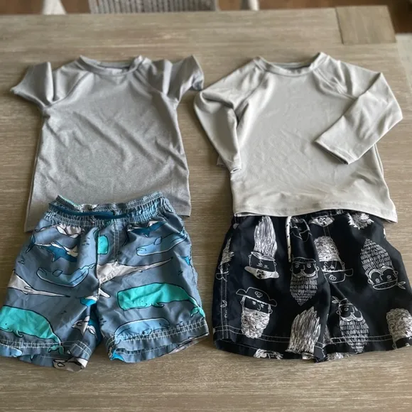Toddler boy swim (2T), suits, shorts, rash guards, hats, 14 coordinating pieces
